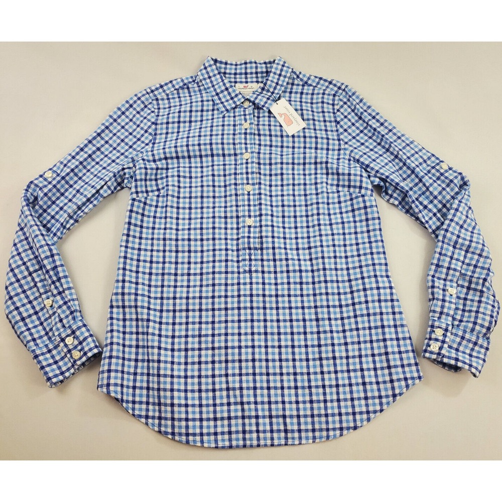 Vineyard Vines women shirt blue wht cotton linen check buttons collar 6 $78